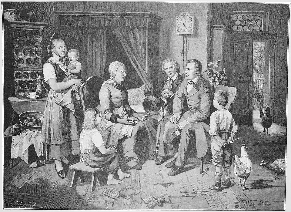 Die Gartenlaube (1892) b 505.jpg Die Brüder Jakob und Wilhelm Grimm bei der Märchenerzählerin Frau Viehmann in Niederzwehren (S)