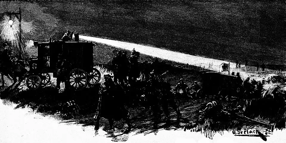 Die Gartenlaube (1892) b 767 2.jpg Absuchen des Schlachtfeldes unter Anwendung des elektrichen Scheinwerfers
