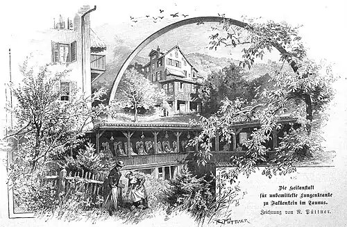 Die Gartenlaube (1893) b 165.jpg Die Heilanstalt für unbemittelte Lungenkranke zu Falkenstein im Taunus Zeichnung von R. Püttner