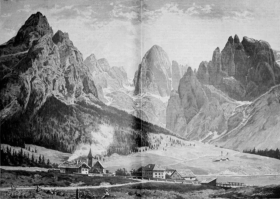Die Gartenlaube (1893) b 280.jpg Blick von San Martino di Castrozza auf Rosetta, Pala di San Martino und Cimon die Ball Nach einem Aquarell von P. Widmayer(D)