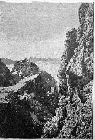 Die Gartenlaube (1893) b 286_2.jpg Der Führer Michele Bettege an dem Cimone della Pala