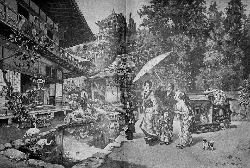 Die Gartenlaube (1893) b 312.jpg In einem japanischen Garten Nach einem Gemälde von H. Humphrey Moore(D)