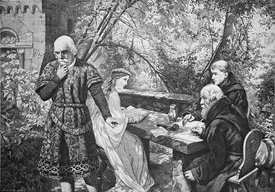 Die Gartenlaube (1893) b 433.jpg Wolfram von Eschenbach dichtez den „Parzival“ Nach einem Gemälde von Franz Hein (S)
