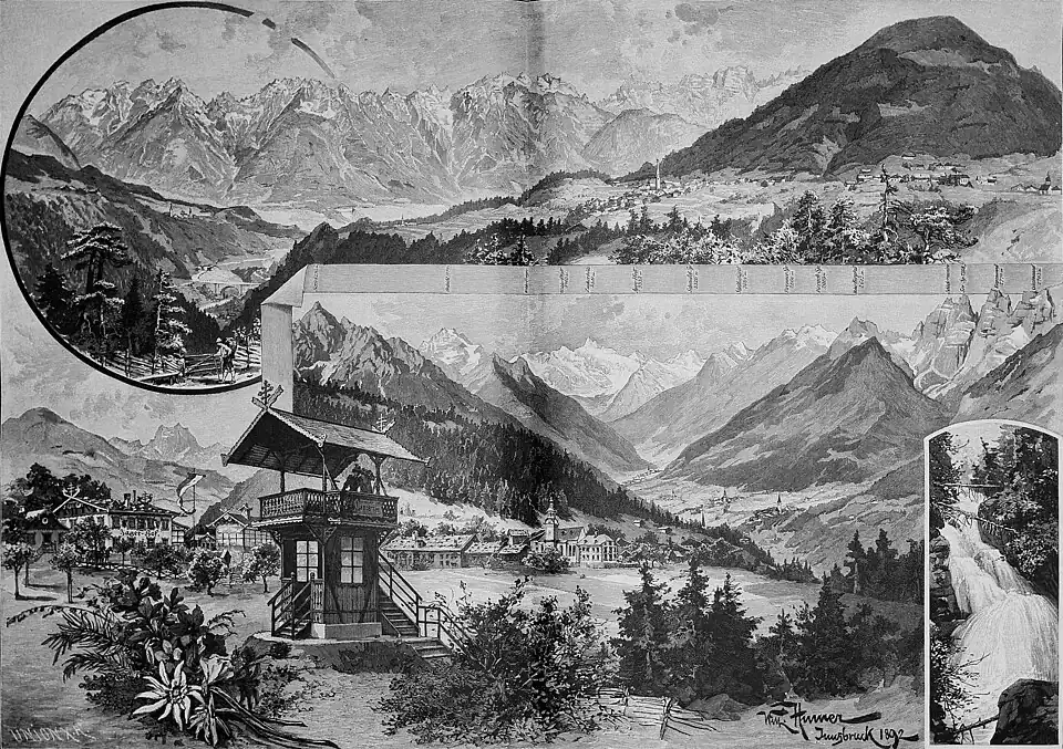 Die Gartenlaube (1893) b 488.jpg Blick von der Wittingwarte auf die Gebirgszüge um Innsbruch Originalzeichnung von W. Humer (D)