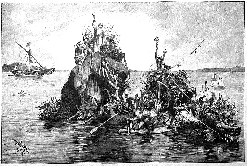 Die Gartenlaube (1893) b 525_2.jpg Das Fest auf dem Starnberger See: Die Grotte des Seegeistes Nach einer Originalzeichnung von B. Schramm