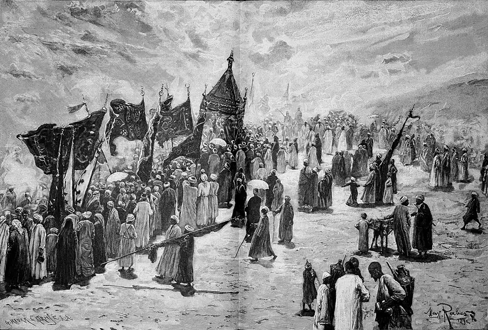 Die Gartenlaube (1893) b 568.jpg Rückkehr der Mekka-Karawane Nach einer Originalzeichnung von Max Rabes(D)