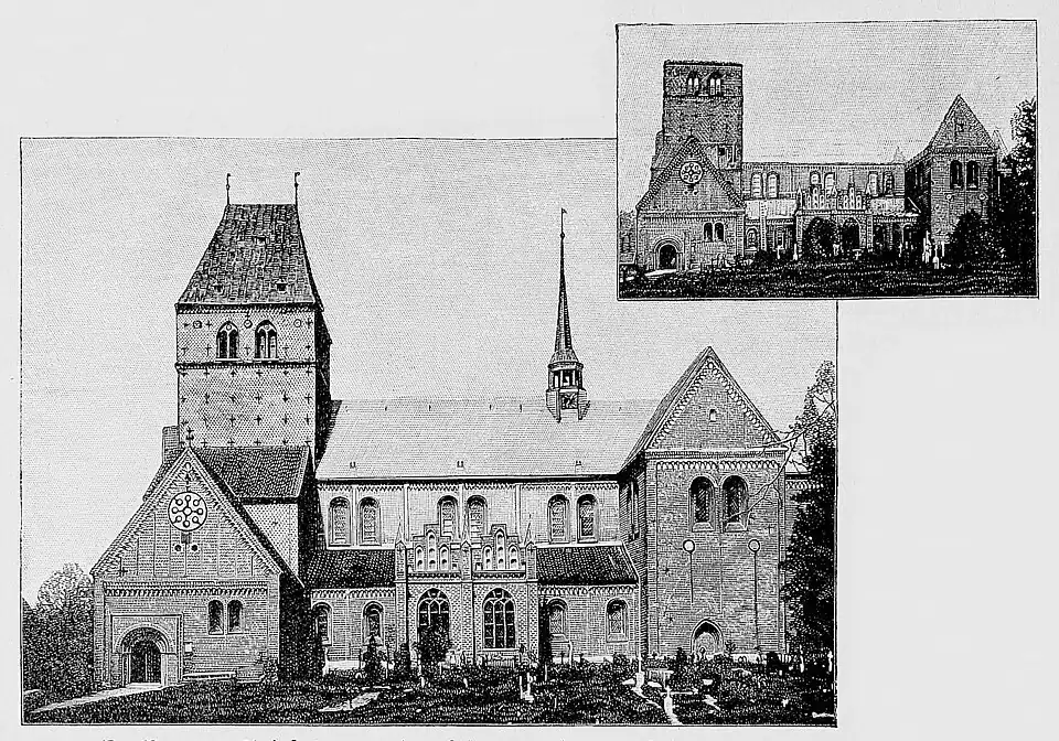 Die Gartenlaube (1893) b 668.jpg Der Dom von Ratzeburg vor und nach dem Brande vom 19. August Nach Photographien von Ed Laßen in Ratzeburg