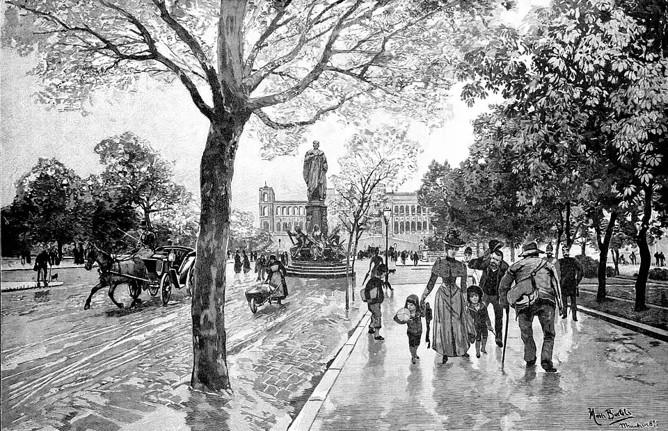 Die Gartenlaube (1893) b 681.jpg Die Maximilianstraße mit dem Denkmal König Maximilians II. und dem Maximilianeum (S)