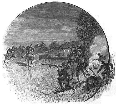 Die Gartenlaube (1893) b 707.jpg Infanteriefeldwache, durch eine Kavalleriepatrouille aufgestört Nach einer Originalzeichnung von M. Ledeli