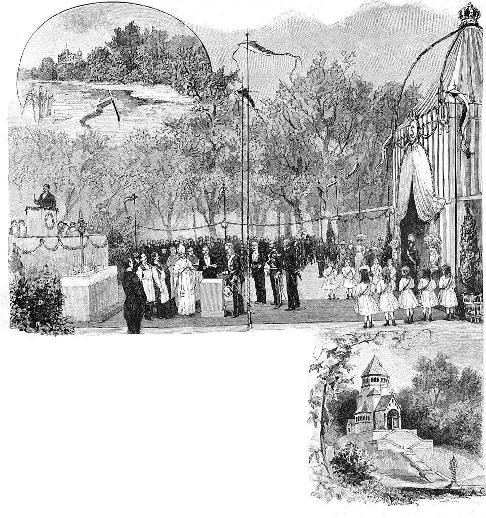 File:Die Gartenlaube (1896) b 0484_a.jpg Die Grundsteinlegung zur Gedächtniskirche für König Ludwig II. am Starnberger See. Die Gedächtniskirche nach dem Entwurf. Nach dem Leben gezeichnet von E. Bachrach-Barée