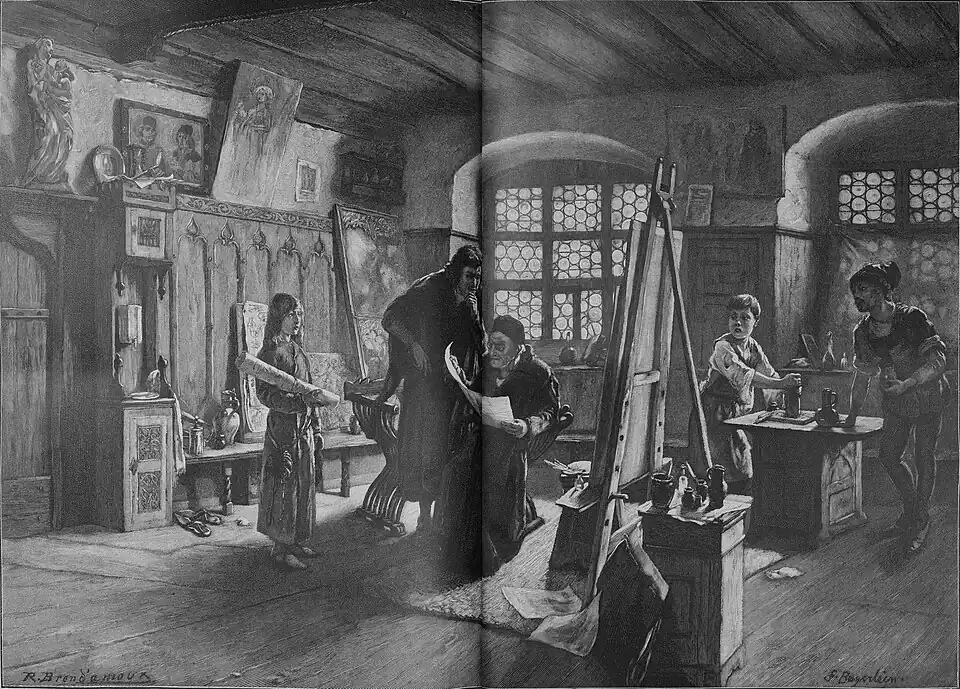 File:Die Gartenlaube (1896) b 0504.jpg (D) Der junge Dürer kommt zu Wohlgemuth in die Lehre Nach dem Gemälde von F. Bayerlein