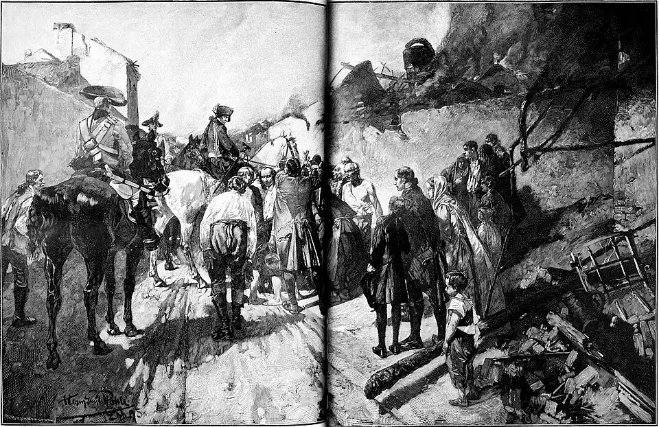 File:Die Gartenlaube (1896) b 0576.jpg (D) Friedrich der Große vor der Schlacht bei Zorndorf in dem zerstörten Küstrin Nach dem Gemälde von H. E. Pohle
