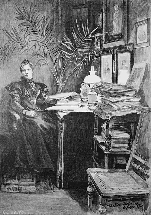 Die Gartenlaube (1897) b 153.jpg W. Heimburg in ihrem Arbeitszimmer. Nach dem Leben gezeichnet von W. Claudius