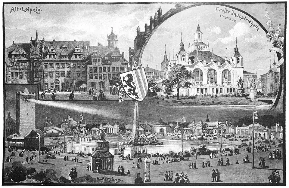 Die Gartenlaube (1897) b 313.jpg Ansichten von der Sächsisch-Thüringischen Industrie- und Gewerbe-Ausstellung in Leipzig. Nach der Natur gezeichnet von E. Kiesling