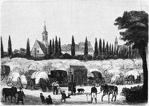 Die Gartenlaube (1897) b 439_2.jpg Die Wagenburg auf dem Fleischerplatze während der Messe