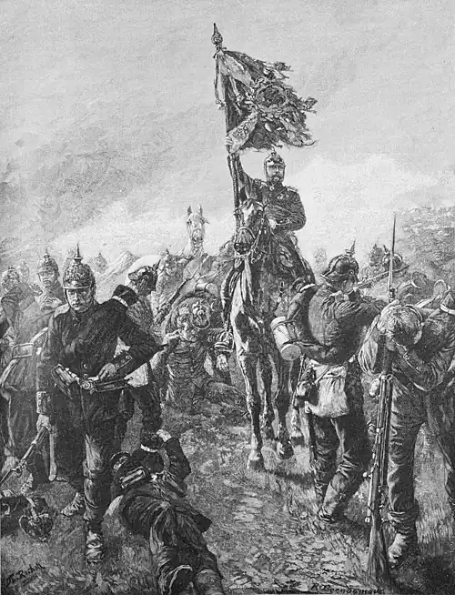 Die Gartenlaube (1897) b 553.jpg Oberst v. Cranach führt bei Mars-la-Tour die Trümmer der 38. Brigade aus dem Feuer (S)