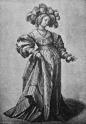 Die Gartenlaube (1897) b 866_2.jpg Vornehme Dame in reicher Tracht und Federhut