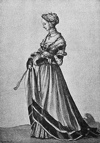 Die Gartenlaube (1897) b 866_3.jpg Vornehme Baslerin in Tuchkleid unf gestickter Haube