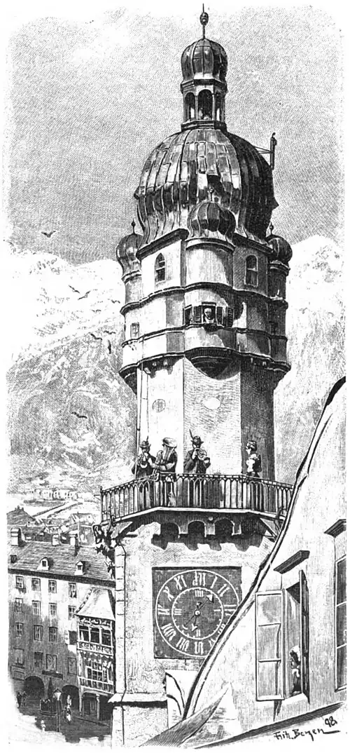 File:Die Gartenlaube (1898) b 0293.jpg (S) Das Maienblasen auf dem Stadtturm in Innsbruck Nach einer Skizze von F. Menter gezeichnet von Fritz Bergen