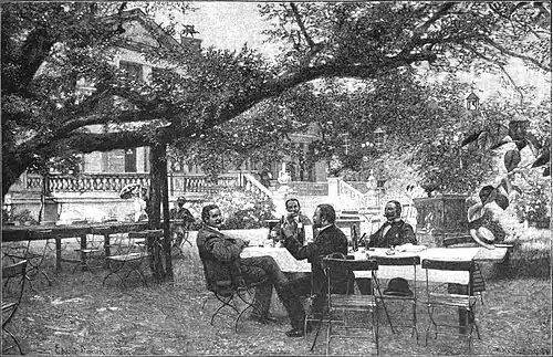 File:Die Gartenlaube (1898) b 0437_2.jpg Im Garten des „Malkastens“ zu Düsseldorf Nach dem Gemälde von Ed. Daelen