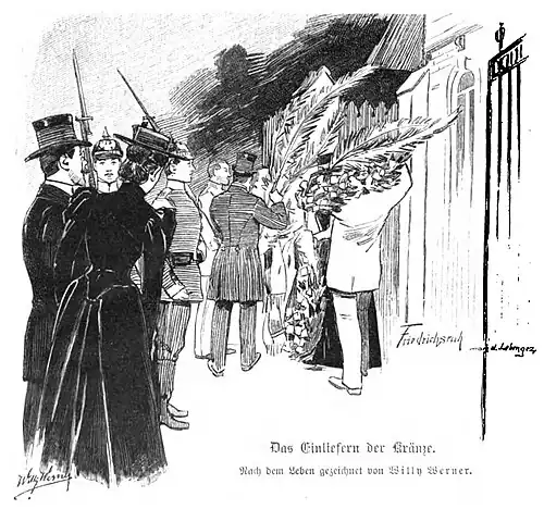 File:Die Gartenlaube (1898) b 0578.jpg Das Einliefern der Kränze Nach dem Leben gezeichnet von Willy Werner