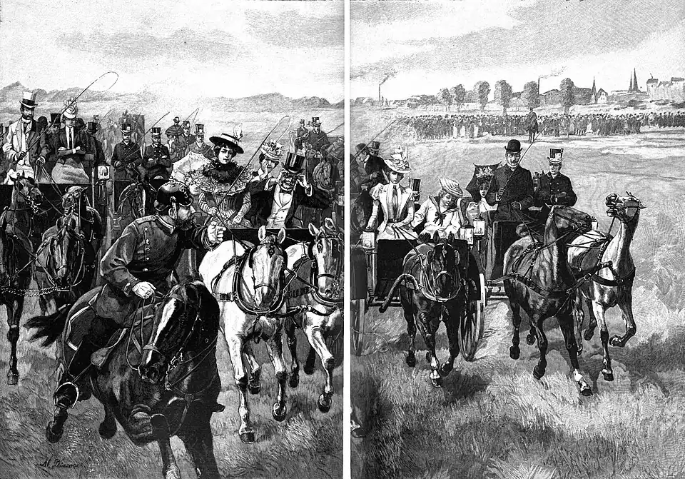File:Die Gartenlaube (1899) b 0296.jpg (D) Auffahren der Wagen bei der Parade auf dem Tempelhofer Feld bei Berlin Nach dem Leben gezeichnet von M. Plinzner