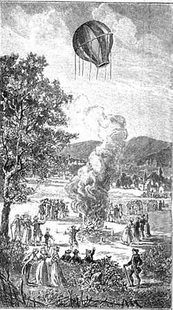 File:Die Gartenlaube (1899) b 0564_2.jpg Fig. 2. Erster Versuch mit der Montgolfiere zu Annonay am 5. Juni 1783. Nach einem gleichzeitigen Stiche