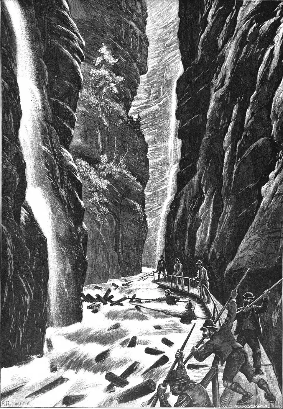 File:Die Gartenlaube (1899) b 0573.jpg (S) Holztriften in der Partnachklamm Nach dem Leben gezeichnet von R. Reschreiter