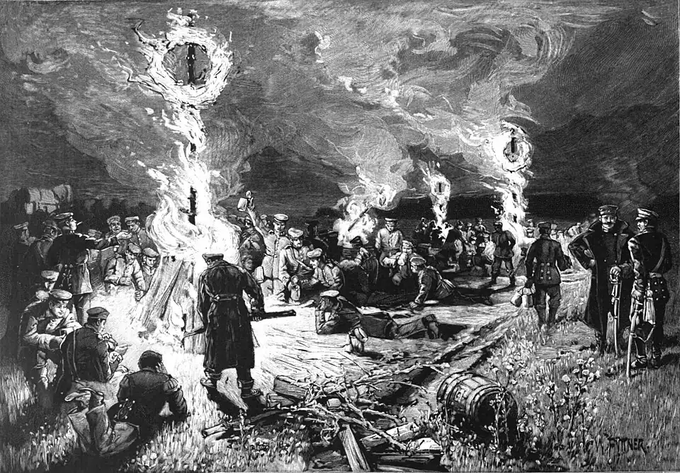 File:Die Gartenlaube (1899) b 0617.jpg (S) Am Kreisfeuer im Bivouac Nach einer Originalzeichnung von W. Püttner