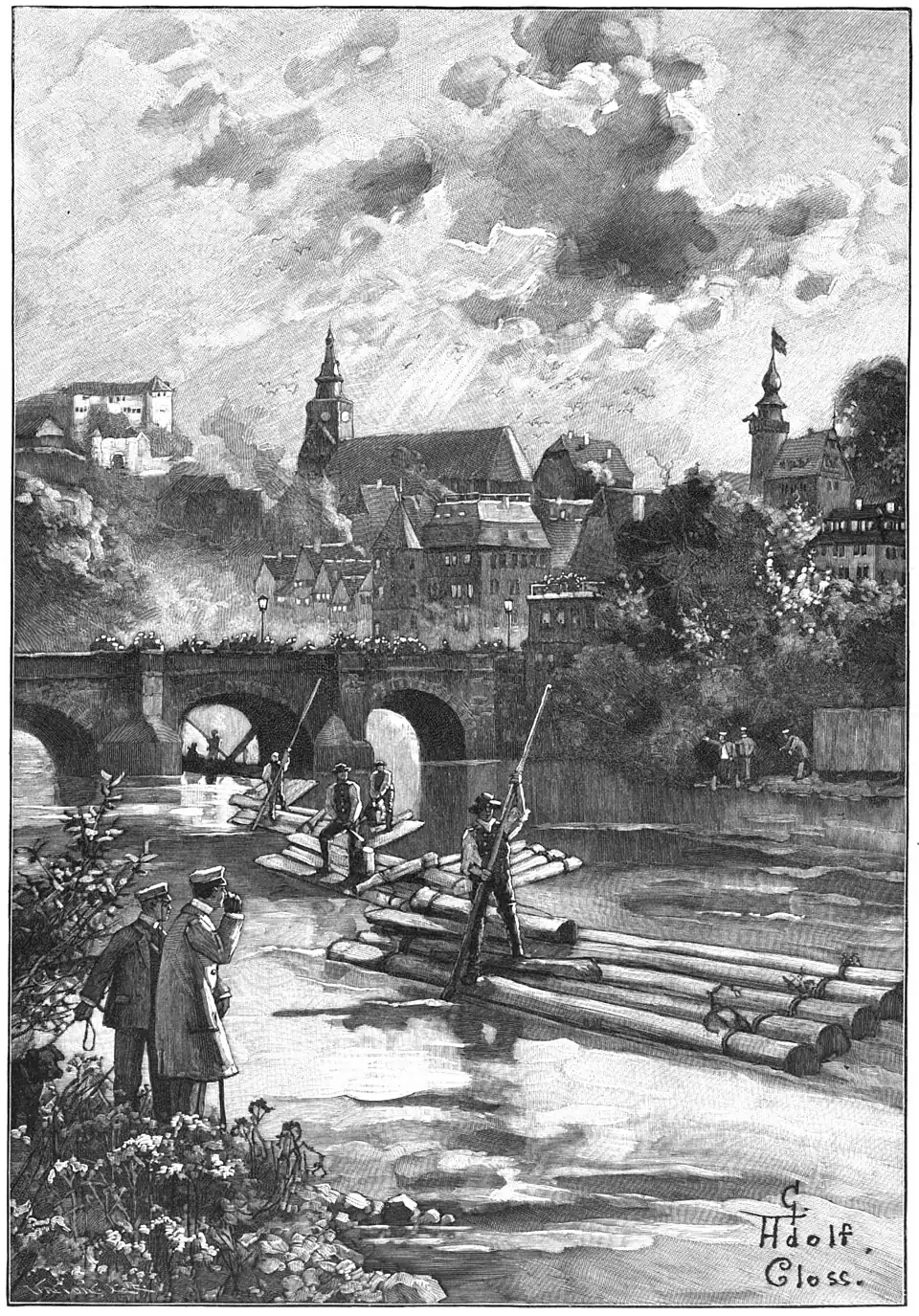 File:Die Gartenlaube (1899) b 0753.jpg (S) Schwarzwälder Flößer auf dem Neckar bei Tübingen Nach einer Originalzeichnung von Adolf Cloß