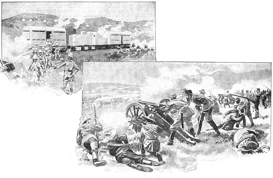 File:Die Gartenlaube (1899) b 0803_1.jpg Gepanzerter Eisenbahnzug der Engländer in Südafrika, Artillerie der Buren im Feuer