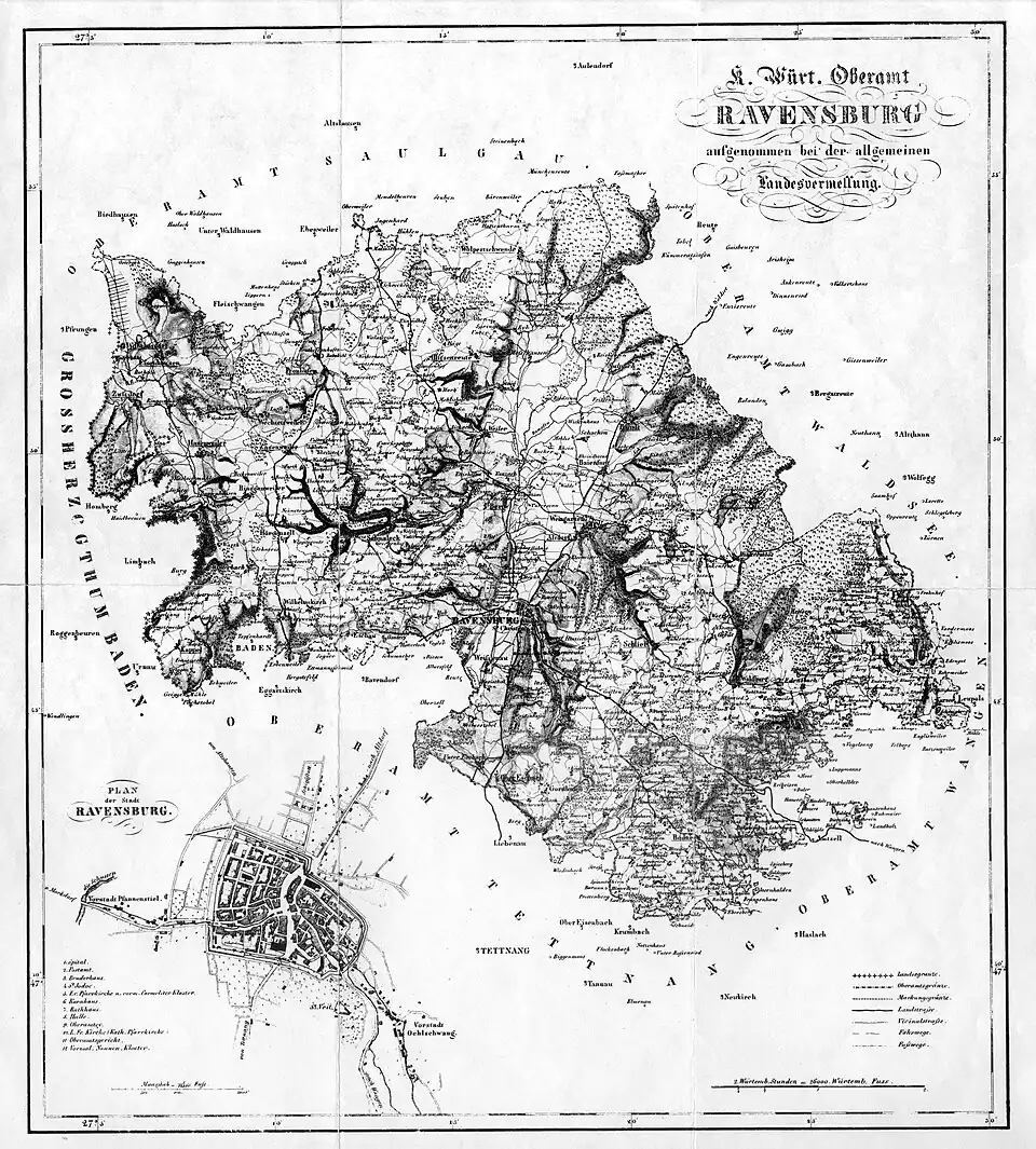 Karte des Oberamts und Stadtplan Ravensburg