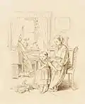 Und nun trägst du schon Zöpfchen!, 1861. Federzeichnung in Braun über Bleistift. Vorlage für eine der 25 Tafeln des Kinderbuches Wie's im Hause geht – Nach dem Alphabet, 1862.