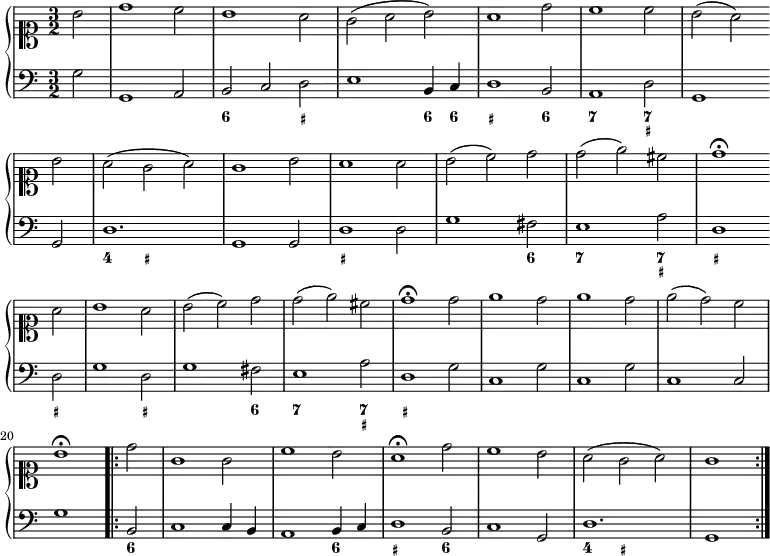 \new PianoStaff
\relative c''
\new Staff << { \clef soprano \key c \major \time 3/2 \partial 2
b2 | d1 c2 | b1 a2 | g( a b) | a1 d2 | c1 c2 | b( a) \break \bar ""
b | a( g a) | g1 b2 | a1 a2 | b( c) d | d( e) cis | d1 \fermata \break \bar ""
a2 | b1 a2 | b( c) d | d( e) cis | d1 \fermata d2 | e1 d2 | e1 d2 | e( d) c \break
b1 \fermata \repeat volta 1 { d2 | g,1 g2 | c1 b2 | a1 \fermata d2 | c1 b2 | a( g a) | g1 }
}
\new Staff
\relative c'
{ \clef bass \key c \major \time 3/2 \partial 2
g2 | g,1 a2 | b c d | e1 b4 c | d1 b2 | a1 d2 | g,1 \break \bar ""
g2 | d'1. | g,1 g2 | d'1 d2 | g1 fis2 | e1 a2 | d,1 \break \bar ""
d2 | g1 d2 | g1 fis2 | e1 a2 | d,1 g2 | c,1 g'2 | c,1 g'2 | c,1 c2 \break
g'1 \repeat volta 1 { b,2 | c1 c4 b | a1 b4 c | d1 b2 | c1 g2 | d'1. | g,1 }
}
\new FiguredBass {
\figures {
s2 | s1. | <6>1 <_+>2 | s1 <6>4 <6>4 | <_+>1 <6>2 | <7>1 <7 _+>2 | s1
s2 | <4 >2 <_+>1 | s1. |<_+>1 s2 | s1 <6>2 | <7>1 <7 _+>2 | <_+>1
<_+>2 | s1 <_+>2 |s1 <6>2 | <7>1 <7 _+>2 | <_+>1 s2 | s1. | s1. | s1.
s1 <6>2 | s1. |s1 <6>2 | <_+>1 <6>2 | s1. | <4>2 <_+>2 s2 | s1
}
}
>>