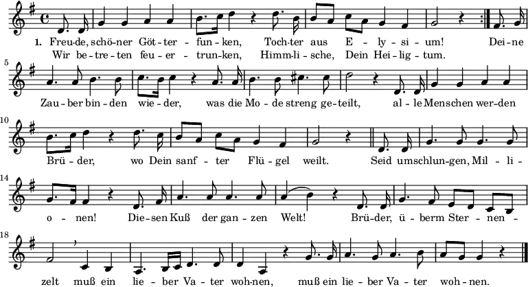  
      \relative c'{ \autoBeamOff \key g \major \repeat volta 2 {\partial 4 d8. d16 g4 g a a b8.[ c16] d4 r \bar"" d8. b16 b8[ a] c[ a] g4 fis g2 r4} \partial 4 fis8. g16 a4. a8 b4. b8 c8.[ b16] c4 r a8. a16 b4. b8 cis4. cis8 d2 r4 d,8. d16 g4 g a a b8.[ c16] d4 r d8. c16 b8[ a] c[ a] g4 fis \bar"|" g2 r4 \bar "||"
      d8. d16 g4. g8 g4. g8 g8.[ fis16] fis4 r \bar""
      d8. fis16 \bar"|" a4. a8 a4. a8 a4( b) r d,8. \bar"" d16 g4. fis8 e[ d] \bar""
      c[ b] fis'2 \breathe c4 b a4. b16[ c] d4. d8 d4 a r
      g'8. \bar"" g16 a4. g8 a4. b8 a[ g] g4 r \bar"|."
      }

\addlyrics { \small \set stanza = #"1. " Freu -- de, schö -- ner Göt -- ter -- fun4 -- ken,
Toch -- ter aus4 E4 -- ly -- si -- um!
Dei -- ne Zau -- ber bin -- den wie -- der,
was die Mo -- de streng ge -- teilt,
al -- le Men -- schen wer -- den Brü -- der,
wo Dein sanf -- ter Flü -- gel weilt.
Seid um -- schlun -- gen, Mil -- li -- o -- nen!
Die -- sen Kuß der gan -- zen Welt!
Brü -- der, ü -- berm Ster -- nen -- zelt
muß ein lie -- ber Va -- ter woh -- nen,
muß ein lie -- ber Va -- ter woh -- nen. }
\addlyrics { \small Wir be -- tre -- ten feu -- er -- trun -- ken,
Himm -- li -- sche, Dein Hei -- lig -- tum. }

%\markup { \column{
%  \line{ Strophen }
%  \line{ fehlen }
%  \line{ noch }
%  }
%}



