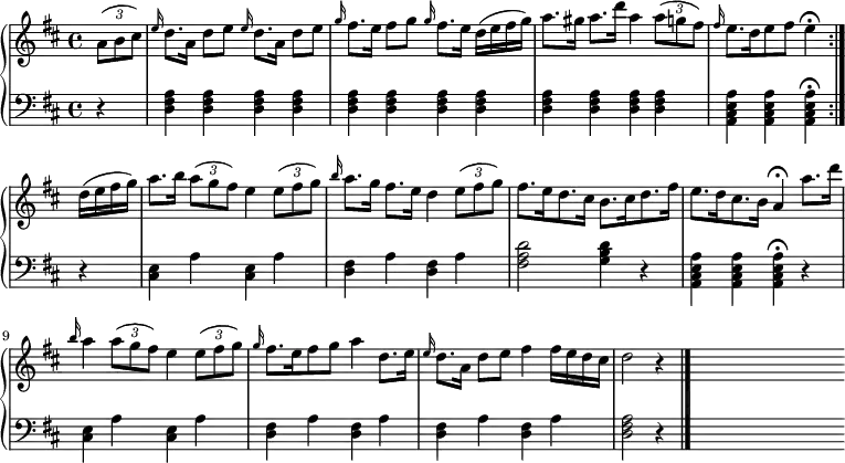 
{
 \new PianoStaff <<
  \new Staff \relative c'' { \clef "treble" \key d \major \time 4/4 \override TupletBracket #'direction = #1
   \repeat volta 2 { \partial 4 \times 2/3 { a8( b cis) } | \grace e16 d8.[ a16] d8[ e] \grace e16 d8.[ a16] d8[ e] | \grace g16 fis8.[ e16] fis8[ g] \grace g16 fis8.[ e16] d16[( e fis g)] \noBreak | a8.[ gis16] a8.[ d16] a4 \times 2/3 { a8( g fis) } | \grace fis16 e8.[ d16 e8 fis] e4\fermata | } \break
   d16( e fis g) | a8.[ b16] \times 2/3 { a8( g fis) } e4 \times 2/3 { e8( fis g) } | \grace b16 a8.[ g16] fis8.[ e16] d4 \times 2/3 { e8( fis g) } | fis8.[ e16 d8. cis16] b8.[ cis16 d8. fis16] | e8.[ d16 cis8. b16] a4\fermata a'8.[ d16] \break
   \grace b16 a4 \times 2/3 { a8( g fis) } e4 \times 2/3 { e8( fis g) } | \grace g16 fis8.[ e16 fis8 g] a4 d,8.[ e16] | \grace e16 d8.[ a16] d8[ e] fis4 fis16[ e d cis] | d2 r4 \bar "|." s4 \bar "" s1 \bar ""
  }
  \new Staff { \clef "bass" \key d \major
   \repeat volta 2 { \partial 4 r4 | <d fis a> q q q | q q q q | q q q q | <a, cis e a> q q\fermata | }
   r4 | <cis e> a <cis e> a | <d fis> a <d fis> a | <fis a d'>2 <g b d'>4 r | <a, cis e a> q q\fermata r |
   <cis e> a <cis e> a | <d fis> a <d fis> a | <d fis> a <d fis> a | <d fis a>2 r4 | s4 \bar "" s1 \bar ""
  }
 >>
}
