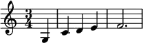  { 
  \time 3/4 
  \partial 4 g 
  c' d' e' f'2. 
} 
