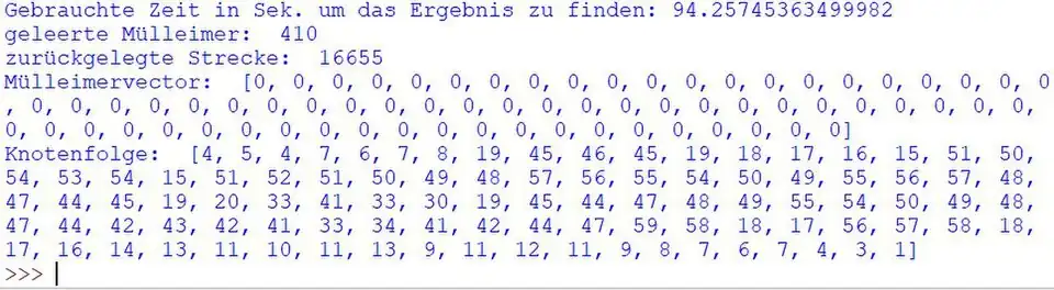 Ausgabe des Programms in Python, welches die schnellste Route über den Betzenberg in Kaiserslautern ermitteln soll.