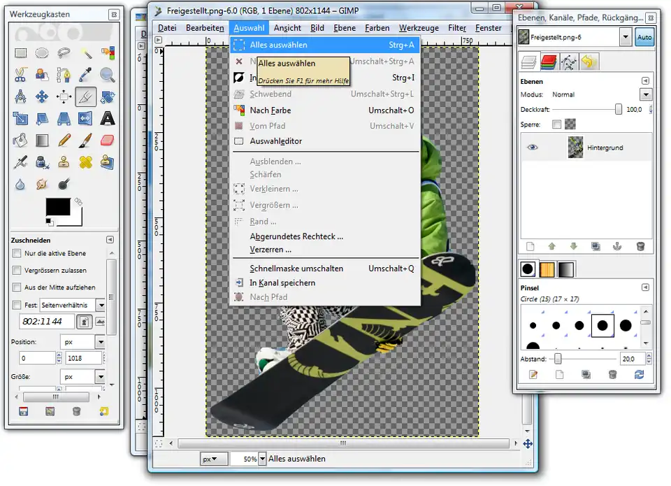 Das Bild mit dem freigestellten Objekt öffnen und alles auswählen