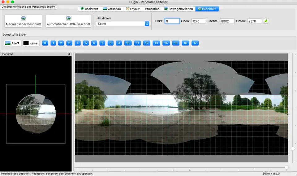 Hugin Beschneiden - vor der Erweiterung des Bildbereiches für die Kugelprojektion