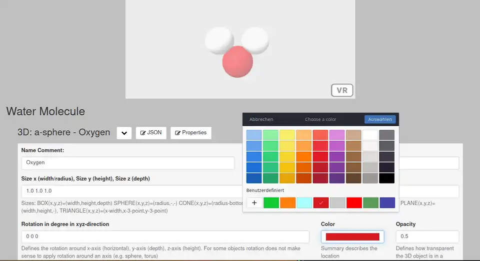 JSON3D4AFrame the interface of the Wikiversity - editor for the color