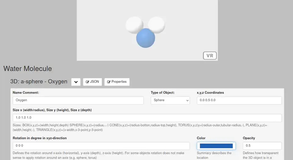 JSON3D4AFrame the interface of the Wikiversity - color of primitive changed