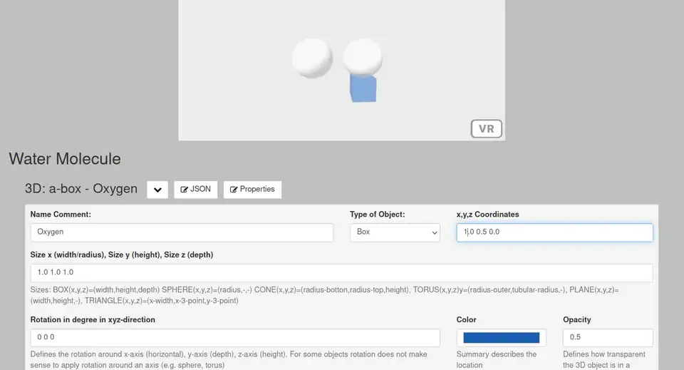 JSON3D4AFrame the interface of the Wikiversity - position moved by property change