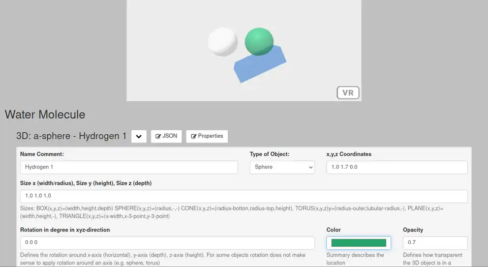 JSON3D4AFrame the interface of the Wikiversity - color of next object changed