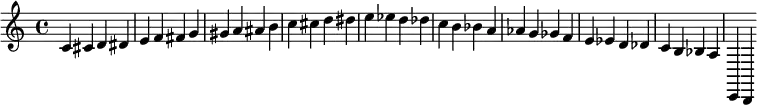 
{
  c' cis' d' dis' e' f' fis'
  g' gis' a' ais' b'
  c'' cis'' d'' dis'' e''
  es'' d'' des'' c''
  b' bes' a' as' g' ges' f'
  e' es' d' des' c' b bes a c, b,,
}
