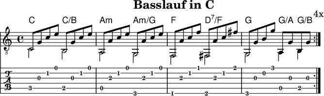 \version "2.20.0"
\header {
title="Basslauf in C"
encoder="cc-by-sa Wikibooks (mjchael)"
}
myKey = {
\tempo 4 = 120
%Tempo ausblenden
\set Score.tempoHideNote = ##t
\time 4/4
\key c \major
\set Staff.midiInstrument = #"acoustic guitar (nylon)"
%% verschmilzt unterschiedliche Notenköpfe
\mergeDifferentlyHeadedOn
\clef "G_8"
}
myChords = \chordmode {
c2 c:/b a:m a:m/g
f d:7/f g g4:/a g:/b
}
myDiskant = {
c8 g c' e' b, g c' e' | % 1
a,8 a c' e' g, a c' e' | % 2
f,8 a c' f' fis, a c' fis' | % 3
g,8 g b g' a, g b, g | % 4 Basis
\mark "4x"
}
myBass = {
c2 b, a, g, f, fis, g, a,4 b,
}
%% Layout
\score {
<<
\new ChordNames { \myChords }
{
%%Noten
\new Staff <<
\myKey
\mergeDifferentlyHeadedOn
\repeat volta 4 \myDiskant
\\
%% beachte: Wiederholungszeichen ist für Midi notwendig!
\repeat volta 4 \myBass
>>
}
%% Tabulatur
\new TabStaff {
% \tabFullNotation
\repeat volta 4
<<
\mergeDifferentlyHeadedOn
\myDiskant
\\
\myBass
>>
}
>>
\layout {}
}
%% Midiausgabe mit Wiederholungen, ohne Akkorde
\score {
<<
\unfoldRepeats {
\new Staff <<
\myKey
\repeat volta 4 \myDiskant
\\
\repeat volta 4 \myBass
>>
%% Schluss
c2
}
>>
\midi {}
}
%% unterdrückt im raw="1"-Modus das DinA4-Format.
\paper {
indent=0\mm
% DinA4 0 210mm - 10mm Rand - 20mm Lochrand = 180mm
line-width=180\mm
oddFooterMarkup=##f
oddHeaderMarkup=##f
% bookTitleMarkup=##f
scoreTitleMarkup=##f
}