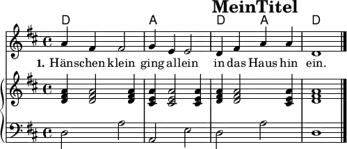 
\version "2.20.0"
\header {
 title = "MeinTitel"
 % subtitle = "MeinSubtitle"
 % poet = "Texter"
 % composer = "Komponist"
 % arranger = "arr: ccbysa: Wikibooks (mjchael)"
}

myKey = {
  % \clef "treble"
  \time 4/4
  \tempo 4 = 100
  %%Tempo ausblenden
  \set Score.tempoHideNote = ##t
  \key d\major
}

myChords = \chordmode {
  %% Akkorde nur beim Wechsel notieren
  \set chordChanges = ##t
  % \partial 4 s4
  d1 | a1 | d2 a2  | d1 
  d,1 %Schlusston
}
myMelody = \relative c'' {
  \clef "treble"
  \myKey
  \set Staff.midiInstrument = #"trombone"
  \relative c''{ 
    a4 fis4 2 | g4  e4 2 |  
    d4 fis a a | d,1 |
    \bar "|."
  }
}

myLyrics = \lyricmode {
  \set stanza = "1."
   Häns -- chen klein | ging al -- lein | in das Haus hin | -- ein. |

}

myDiscant = {
  \clef treble \myKey
   <d' fis' a'>4 2 4 | 
   <cis' e' a'>4 2 4 | 
   <d' fis' a'>4 2 <cis' e' a'>4 | 
   <d' fis' a'>1
}

myBass =  {
  \clef bass \myKey
  d2 a a, e d a d1
}

\score {
  <<
    \new ChordNames { \myChords }
    \new Voice = "mySong" { \autoBeamOff \myMelody }
    \new Lyrics \lyricsto "mySong" { \myLyrics }
    \new PianoStaff <<
      \new Staff = "Discant" \myDiscant
      \new Staff = "Bass" \myBass
    >> 
  >>
  \midi { }
  \layout {
    \context { \Staff \RemoveEmptyStaves } 
  }
}

%% unterdrückt im raw="1"-Modus das DinA4-Format.
\paper {
  indent=0\mm
  %% DinA4 0 210mm - 10mm Rand - 20mm Lochrand = 180mm
  line-width=180\mm
  oddFooterMarkup=##f
  oddHeaderMarkup=##f
  % bookTitleMarkup=##f
  scoreTitleMarkup=##f
}
