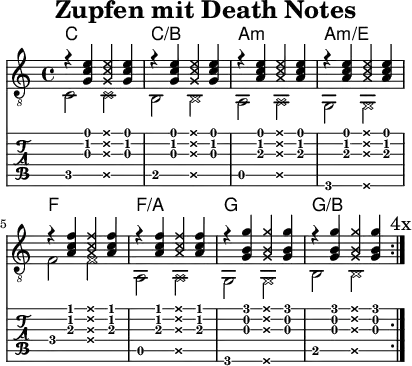 \version "2.20.0"
\header {
title="Zupfen mit Death Notes"
encoder="mjchael"
}
myKey = {
\set Staff.midiInstrument = #"electric guitar (clean)"
\clef "G_8"
\tempo 4 = 170
%% Tempo ausblenden
\set Score.tempoHideNote = ##t
\time 4/4
\key c \major
}
clean = {\set Staff.midiInstrument = #"electric guitar (clean)"}
muted = { \set Staff.midiInstrument = #"electric guitar (muted)"
\once \deadNotesOn}
Diskant = {
\clean
r4 < g c' e'>
\muted < g c' e'>
\clean < g c' e'> | % C
r4 < g c' e'>
\muted < g c' e'>
\clean < g c' e'> | % C /B
r4 < a c' e'>
\muted < a c' e'>
\clean < a c' e'> | % Am
r4 < a c' e'>
\muted < a c' e'>
\clean < a c' e'> | % Am/E
r4 < a c' f'>
\muted < a c' f'>
\clean < a c' f'> | % F
r4 < a c' f'>
\muted < a c' f'>
\clean < a c' f'> | % F/A
r4 < g b g'>
\muted < g b g'>
\clean < g b g'> | % G
r4 < g b g'>
\muted < g b g'>
\clean < g b g'> | % G/B
\mark "4x"
}
Bass = {
\clean c2 \muted 2
\clean b,2 \muted 2
\clean a,2 \muted 2
\clean g,2 \muted 2
\clean f2 \muted 2
\clean a,2 \muted 2
\clean g,2 \muted 2
\clean b,2 \muted 2
}
% Layout
\score {
<<
\new ChordNames {
\chordmode {
c1 c:/b a:m a:m/e
f f:/a g g:/b
}
}
{
%% Noten
\new Staff <<
\myKey
\repeat volta 4
\Diskant
\\
%% Beachte: Wiederholungszeichen im Bass ist für's Midi notwendig!
\repeat volta 4
\Bass
>>
}
%% Tabulatur
\new TabStaff {
%% 2x Notenhälse bei ½ Noten verwirren.
% \tabFullNotation
\repeat volta 4
<<
\Diskant
\\
\Bass
>>
}
>>
\layout {}
}
%% Midiausgabe mit Wiederholungen, ohne Akkorde
\score {
<<
\unfoldRepeats {
\new Staff <<
\myKey
\clef "G_8" \repeat volta 4
\Diskant
\\
\repeat volta 4
\Bass
>>
<c,e g c' e'>1
}
>>
\midi {}
}
%% unterdrückt im raw="1"-Modus das DinA4-Format.
\paper {
indent=0\mm
%% Breite
line-width=100\mm
oddFooterMarkup=##f
oddHeaderMarkup=##f
% bookTitleMarkup=##f
scoreTitleMarkup=##f
}