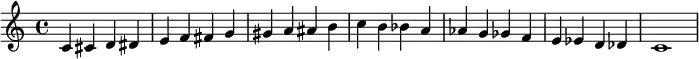 
\relative c' {
c cis d dis e f fis g gis
a ais b c b bes a as g
ges f e es d des c1
}
