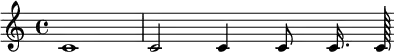 
  { c'1 c'2 c'4 c'8 c'16. c'128 }
